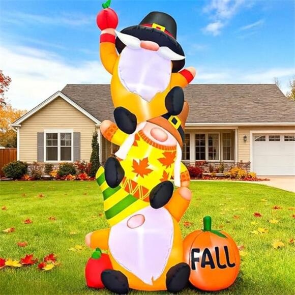6FT Thanksgiving Inflatables Decorations Blow Up Three Gnomes with Pumpkin - Picture 7 of 7